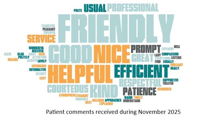 Word cloud of patient comments received during November 2025