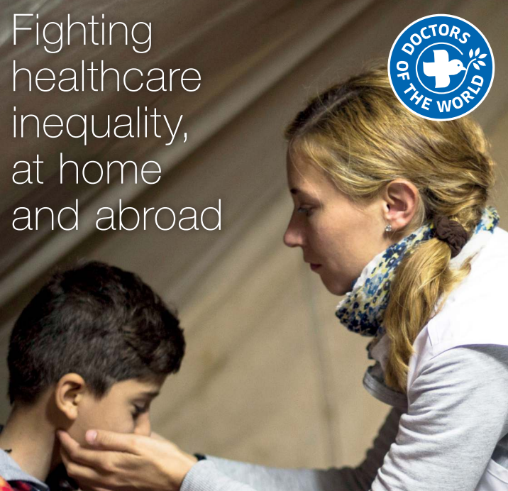 Doctors of the World, fighting healthcare inequality at home and aboard. picture shows female Doctor examining a young boys chin